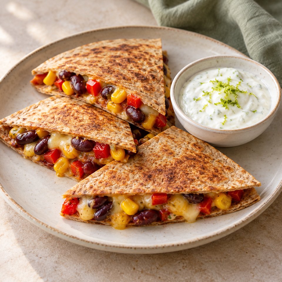 Bohnen-Mais-Quesadillas mit Skyrdip – KI Illustration