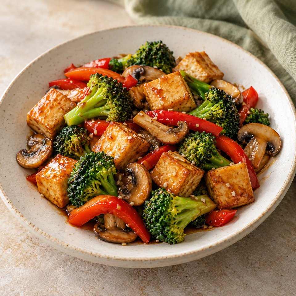 Brokkoli-Tofu-Wok mit Sesam – KI Illustration