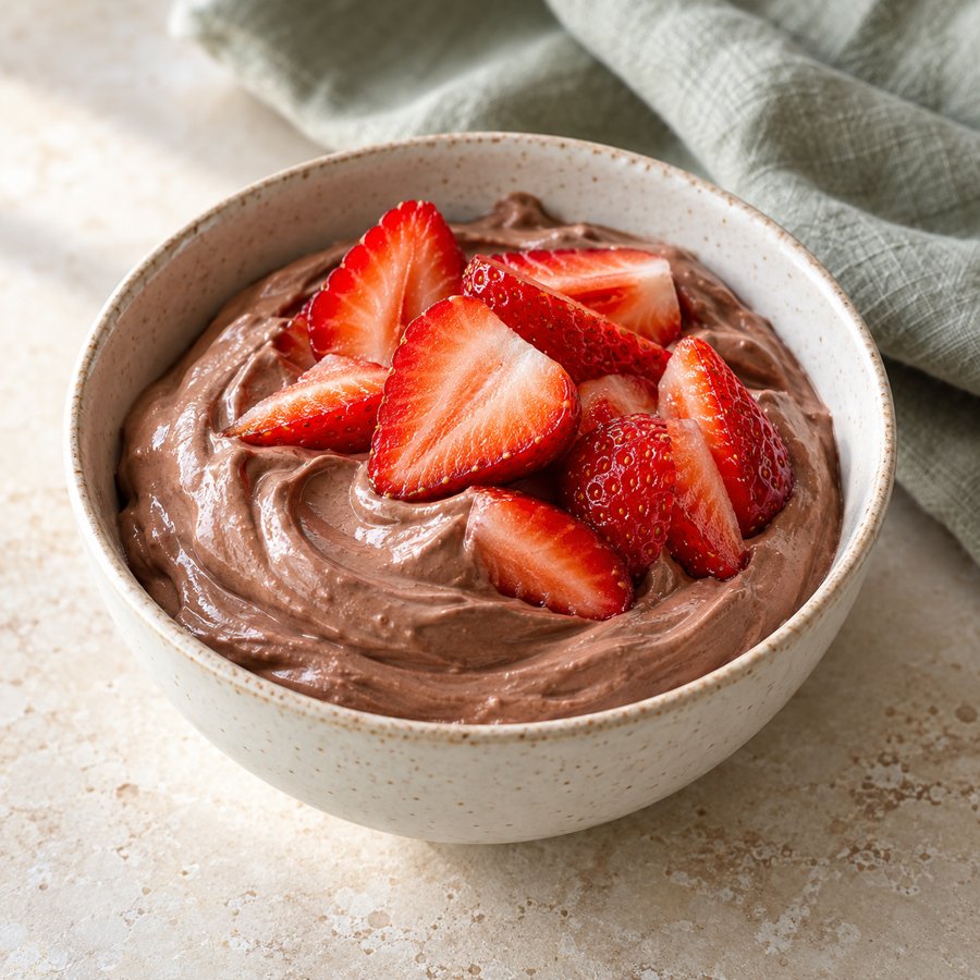 Schoko-Quarkcreme mit Erdbeeren – KI Illustration