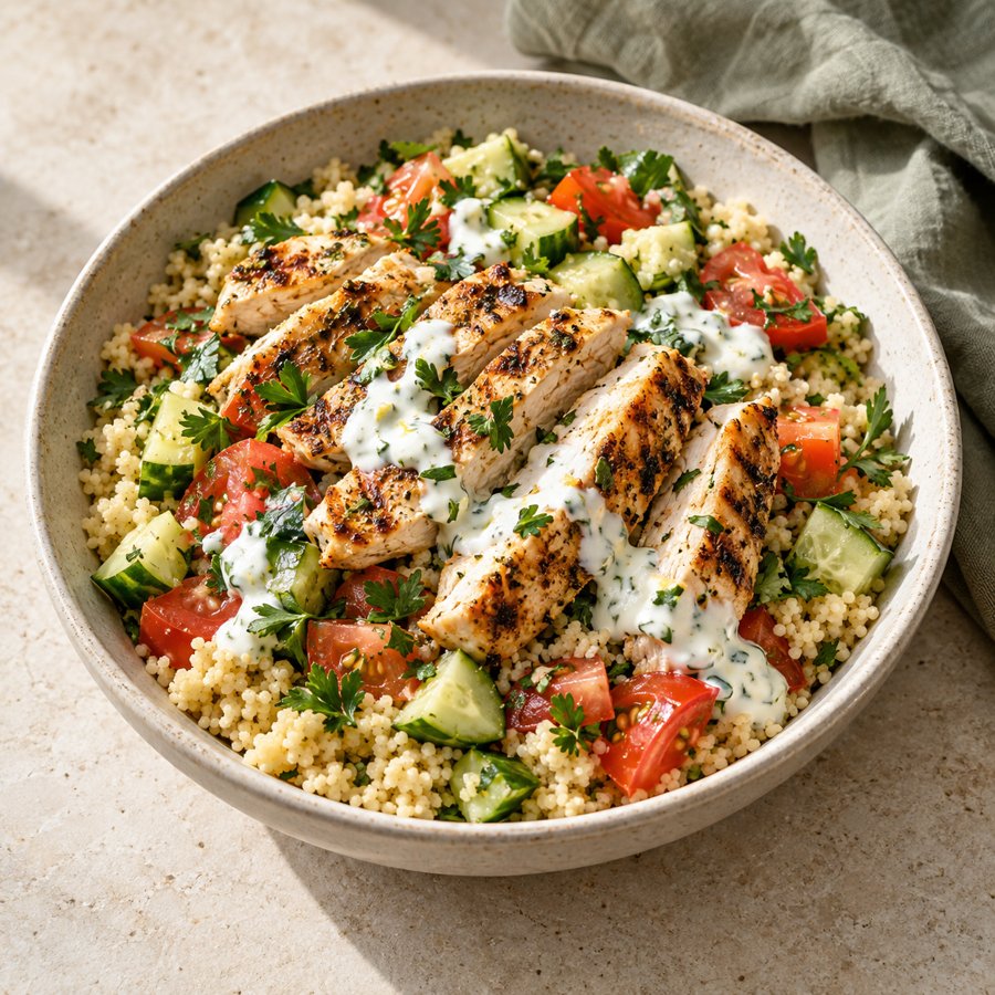 Zitronen-Couscous-Bowl mit Hähnchen – KI Illustration