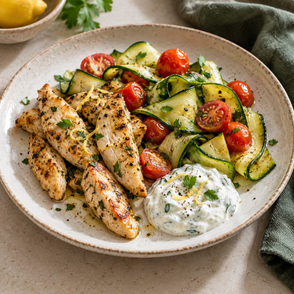 Zitronenhähnchen mit Zucchini – KI Illustration