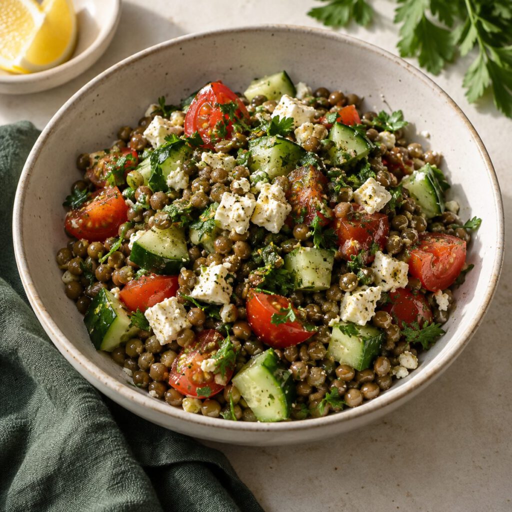 Linsensalat mit Feta & Gurke – KI Illustration
