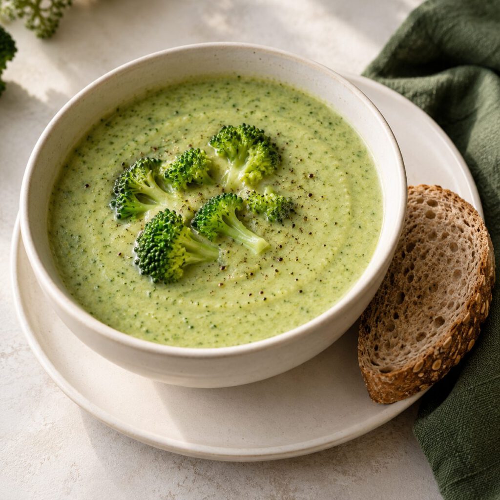 Brokkolisuppe mit Hüttenkäse – KI Illustration