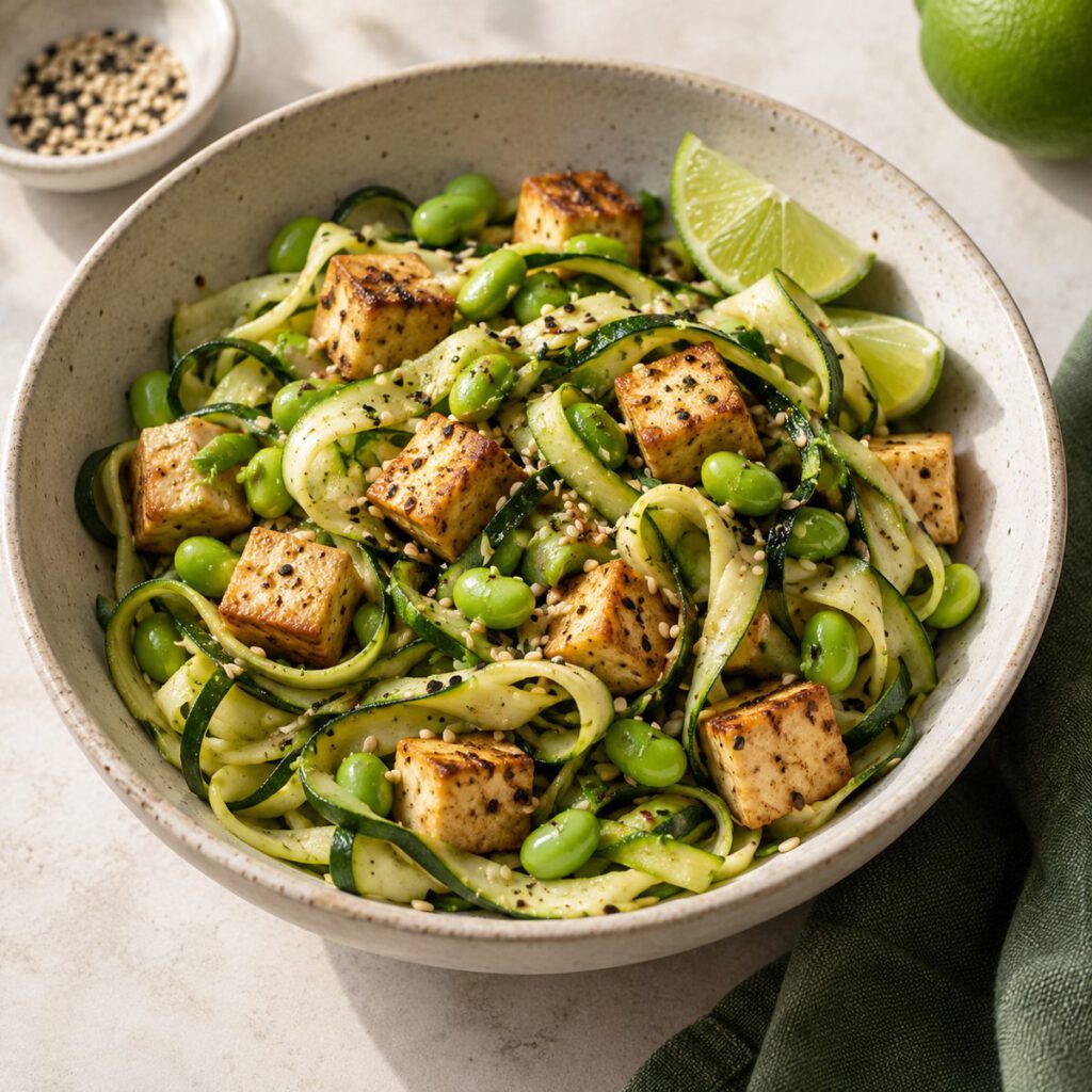 Zucchininudeln mit Tofu & Edamame – KI Illustration