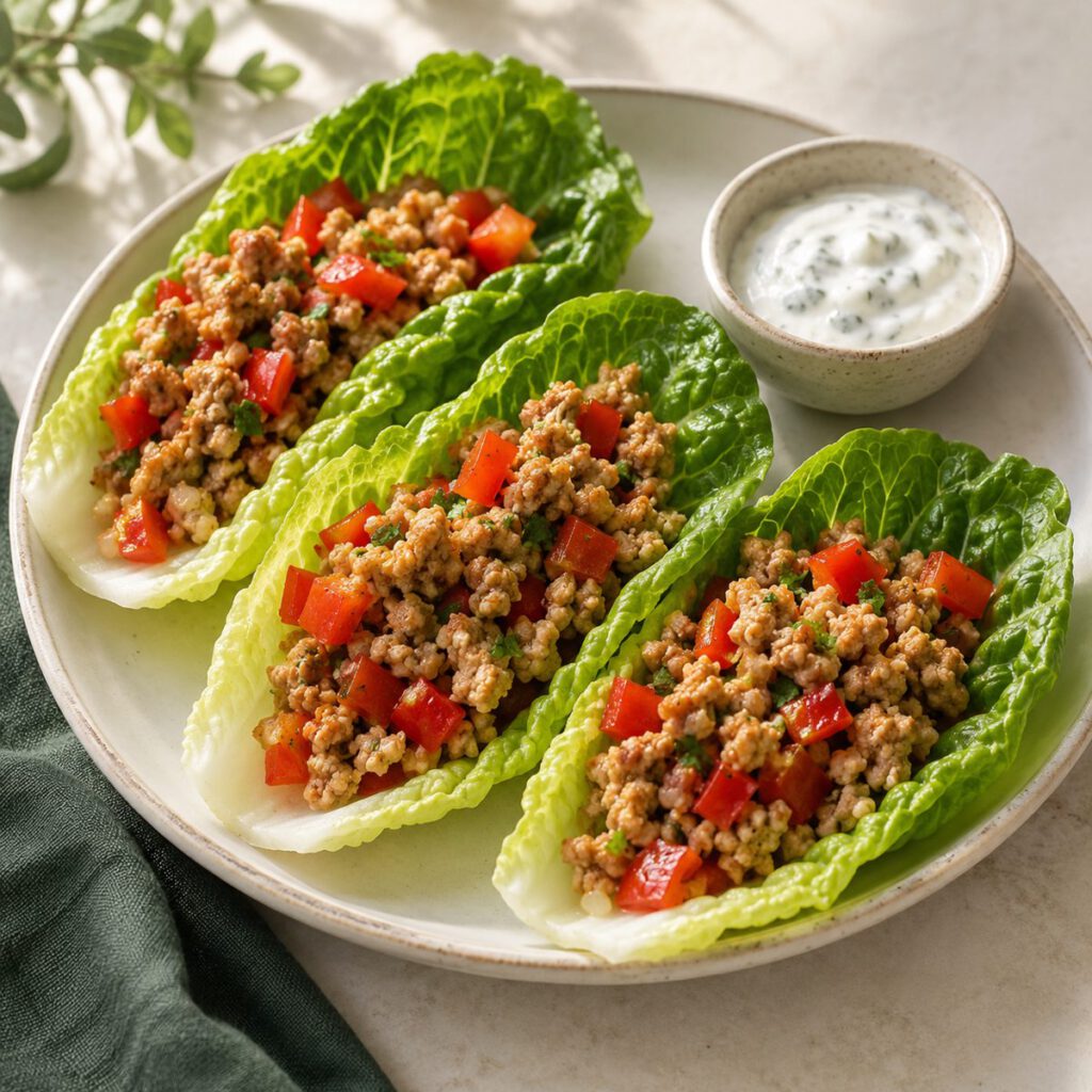 Putenhack Salatboote mit Joghurtdip – KI Illustration