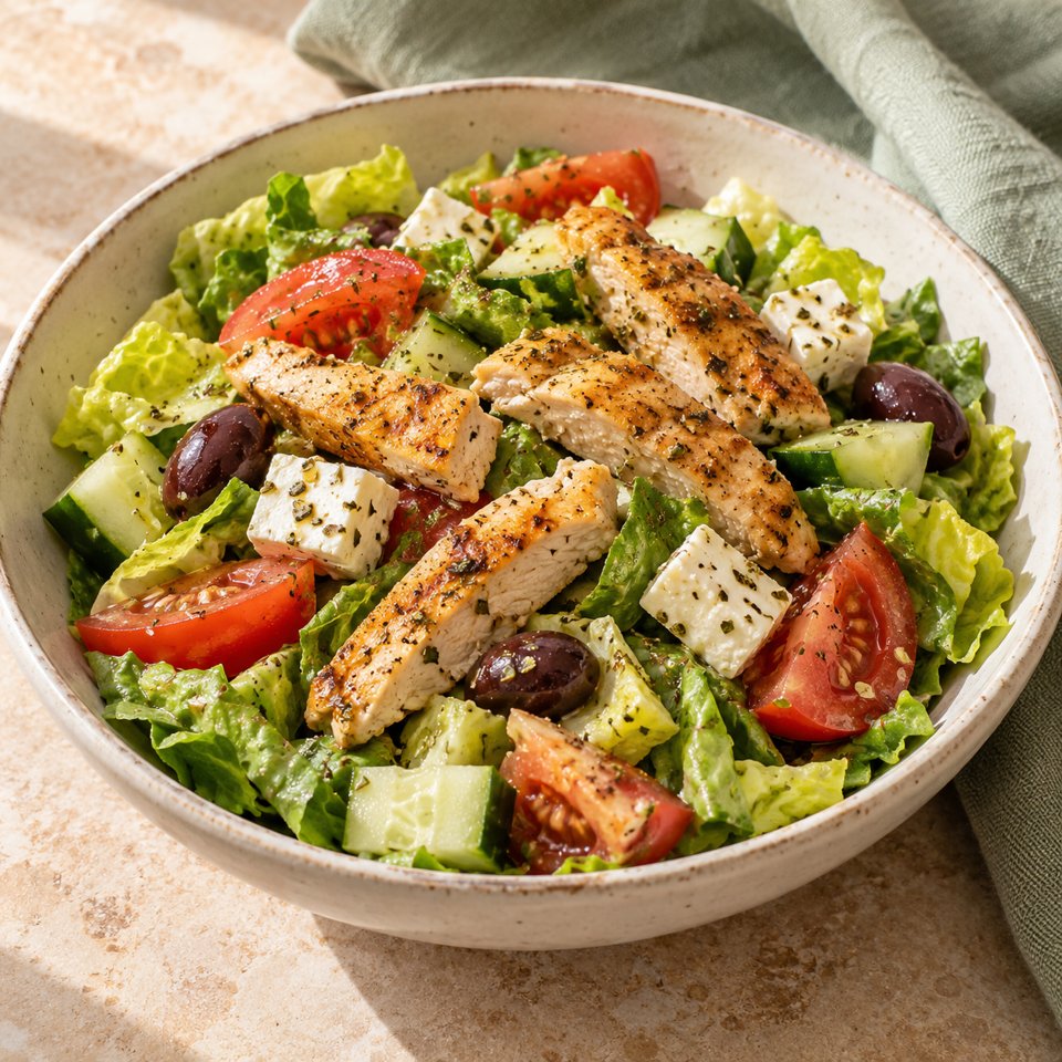 Griechischer Hähnchensalat mit Feta – KI Illustration