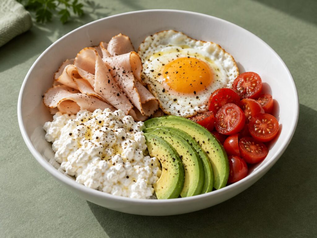 Hüttenkäse Avocado Bowl mit Ei – KI Illustration