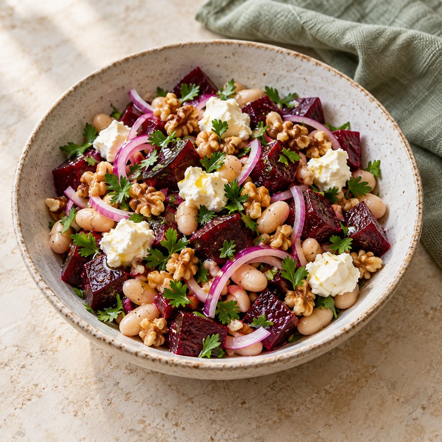 Rote-Bete-Bohnen-Salat mit Walnüssen – KI Illustration