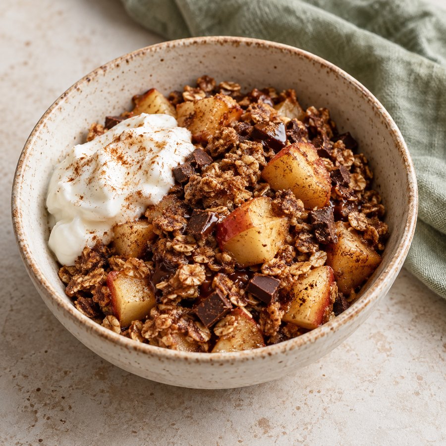 Apfel-Protein-Crumble aus dem Airfryer – KI Illustration