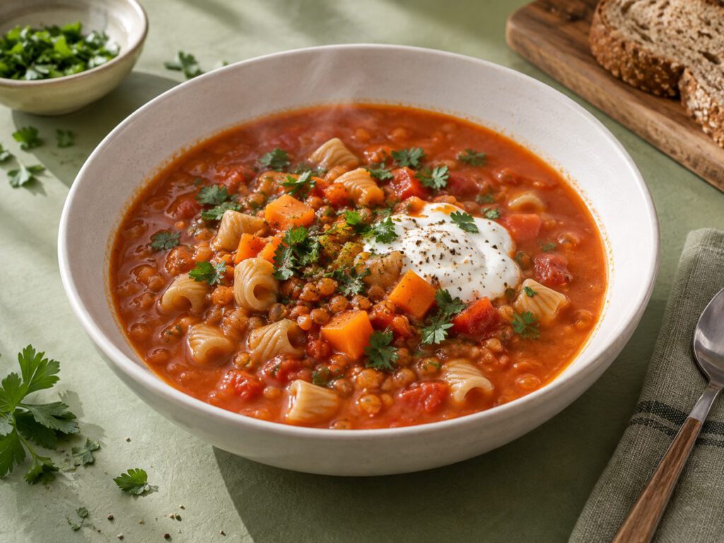 Rote Linsen Nudelsuppe – KI Illustration