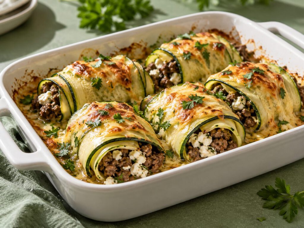 Zucchini Hack Röllchen mit Feta – KI Illustration