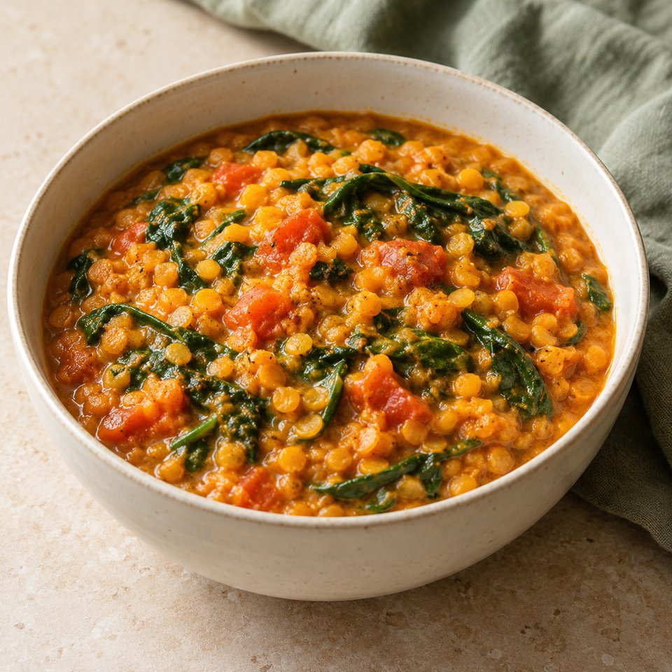 Rotes Linsen-Dal mit Spinat – KI Illustration