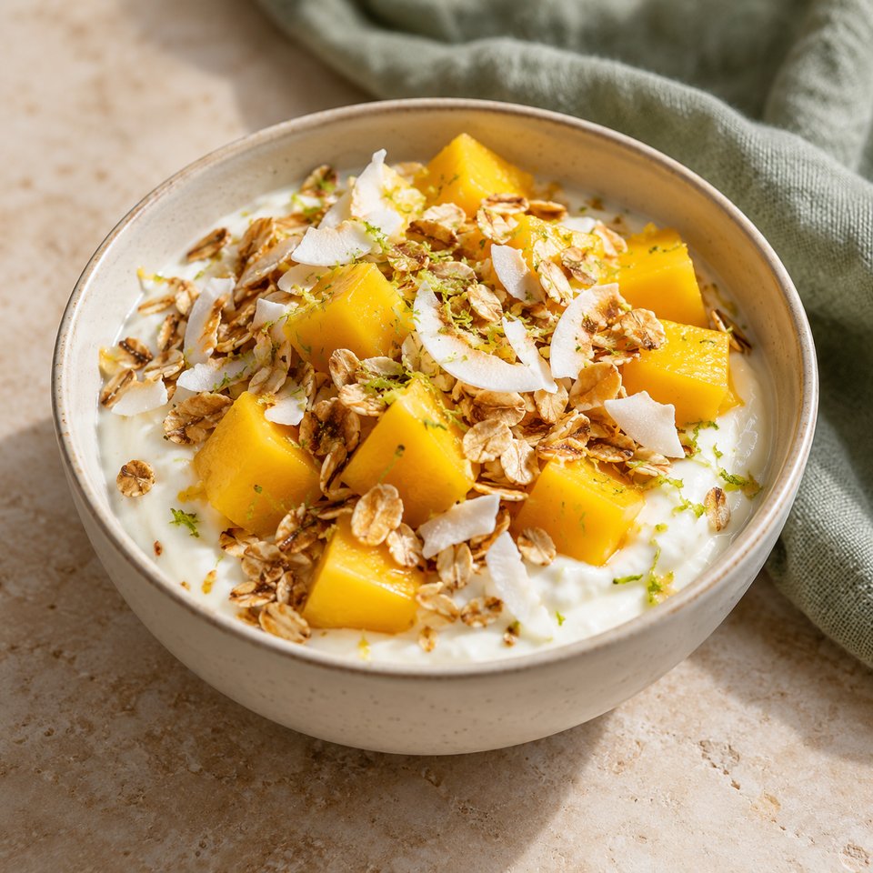 Mango-Limetten-Skyr mit Hafercrunch – KI Illustration