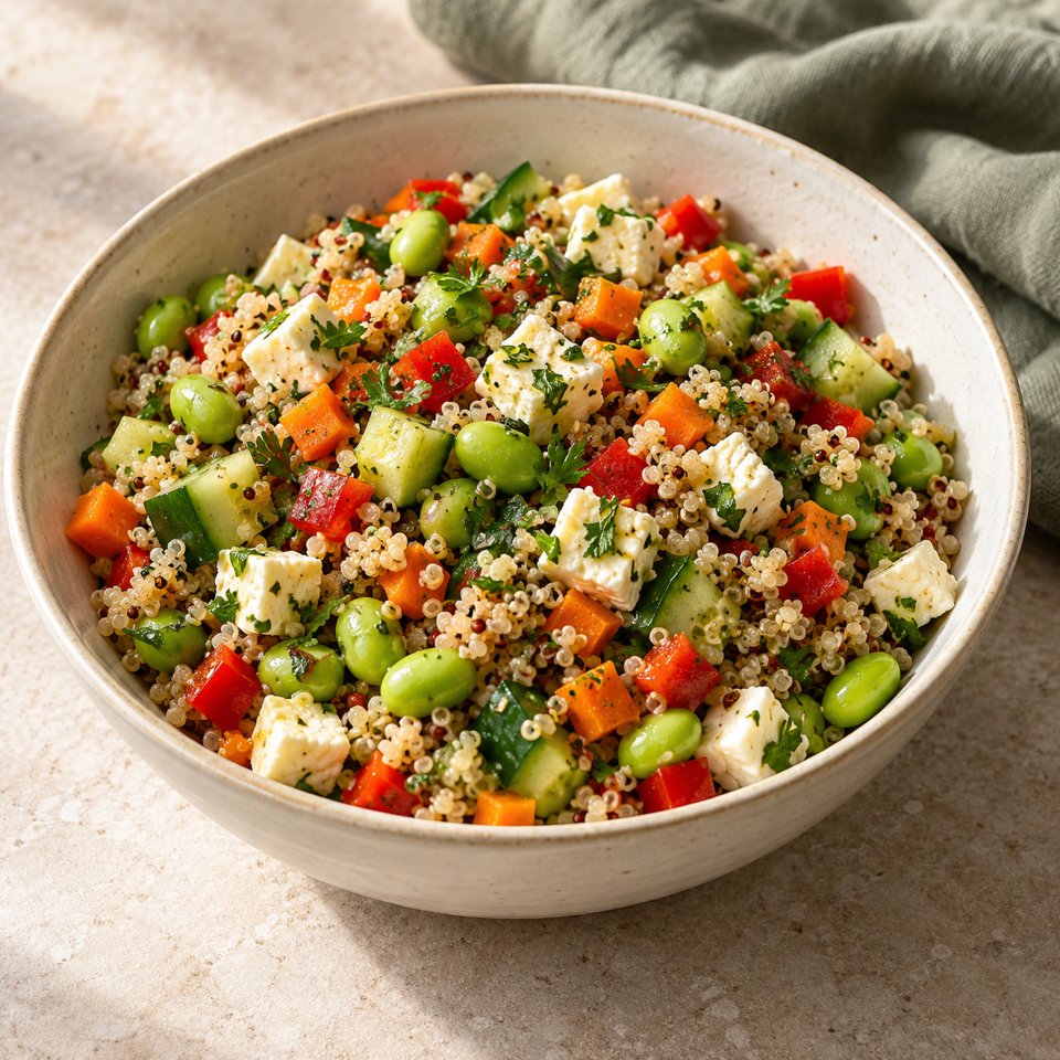 Quinoa-Edamame-Salat mit Feta – KI Illustration