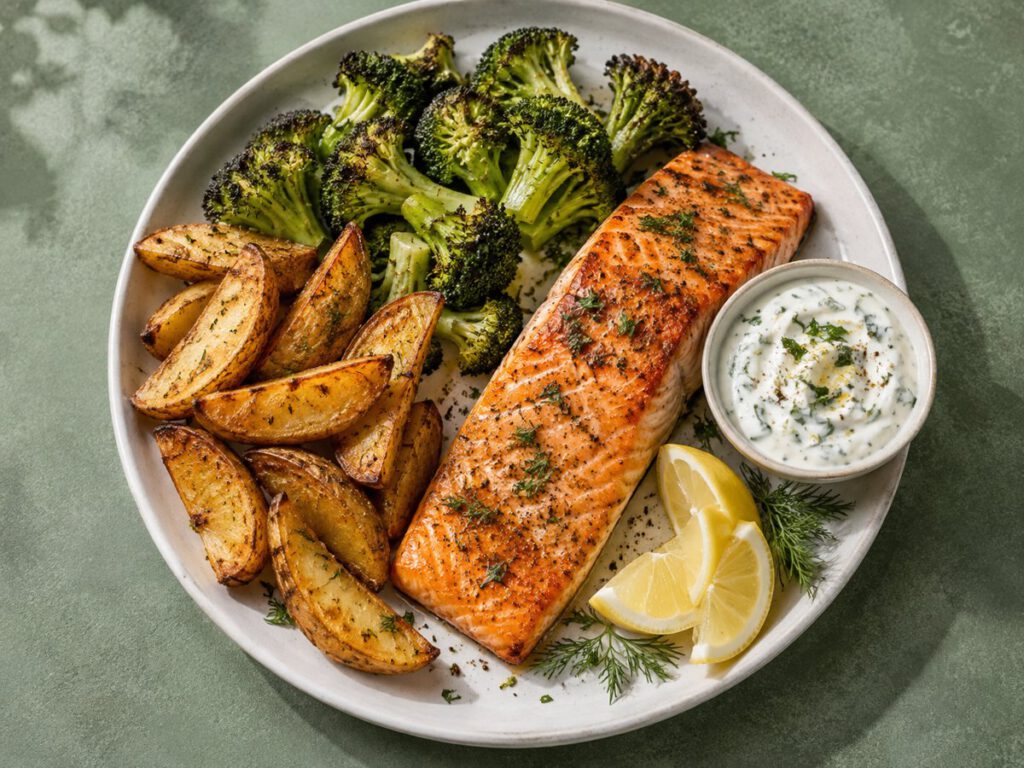 Lachs, Brokkoli & Kartoffelcrunch – KI Illustration