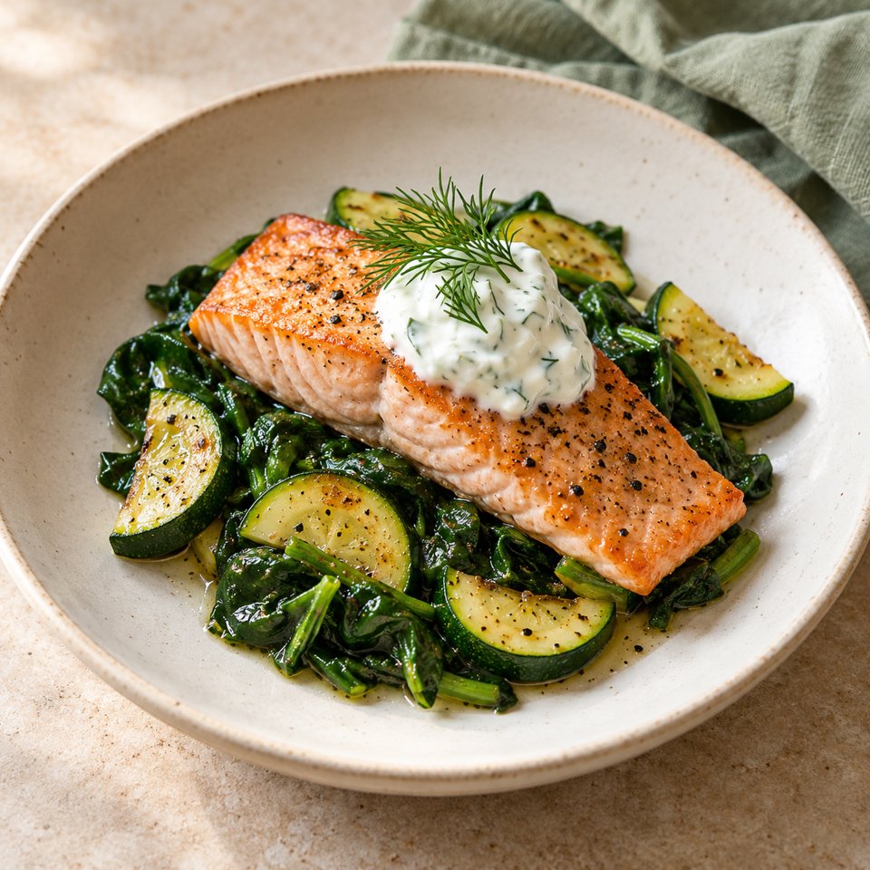 Zitronenlachs auf Spinat und Zucchini – KI Illustration