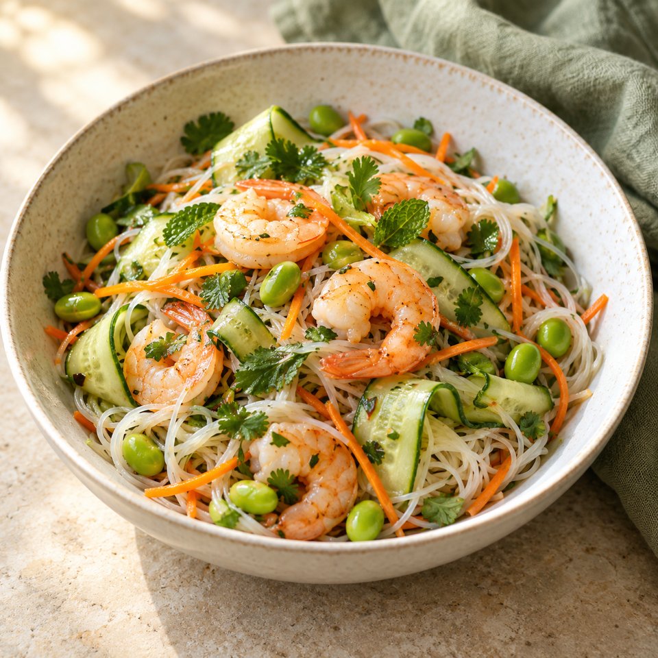Garnelen-Reisnudel-Salat mit Limette – KI Illustration