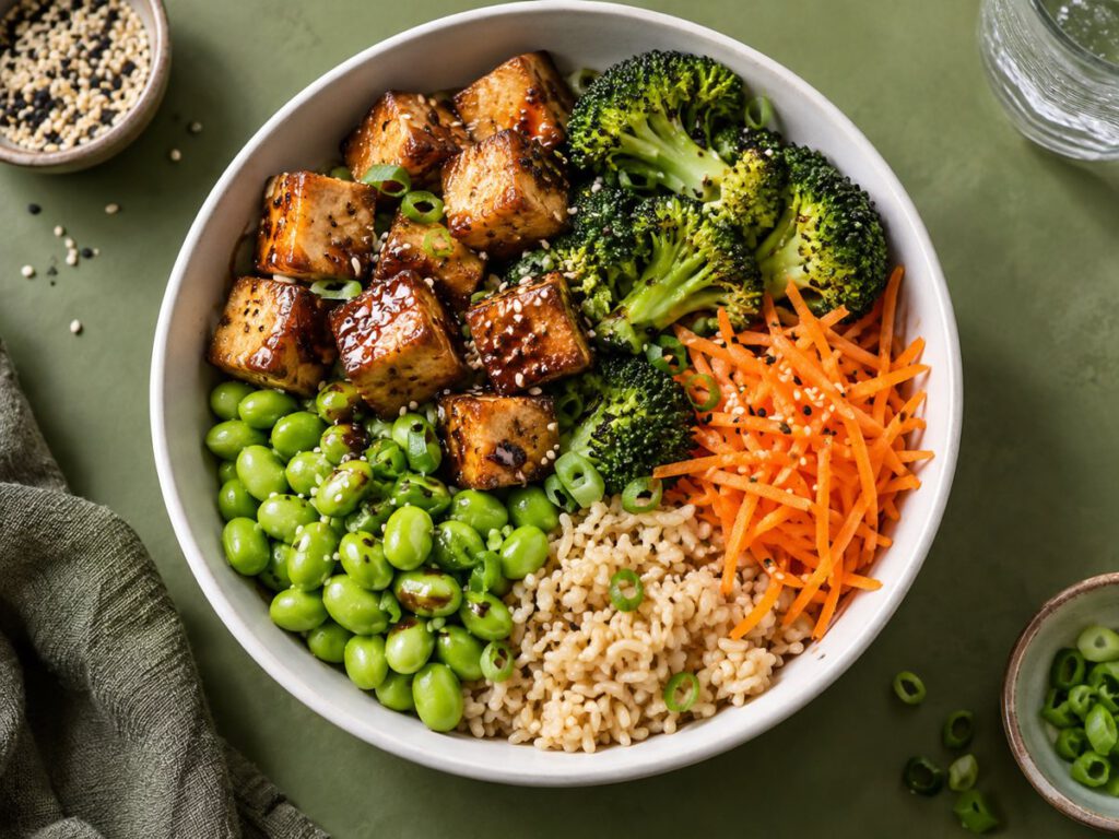 Sticky Tofu & Edamame Bowl – KI Illustration
