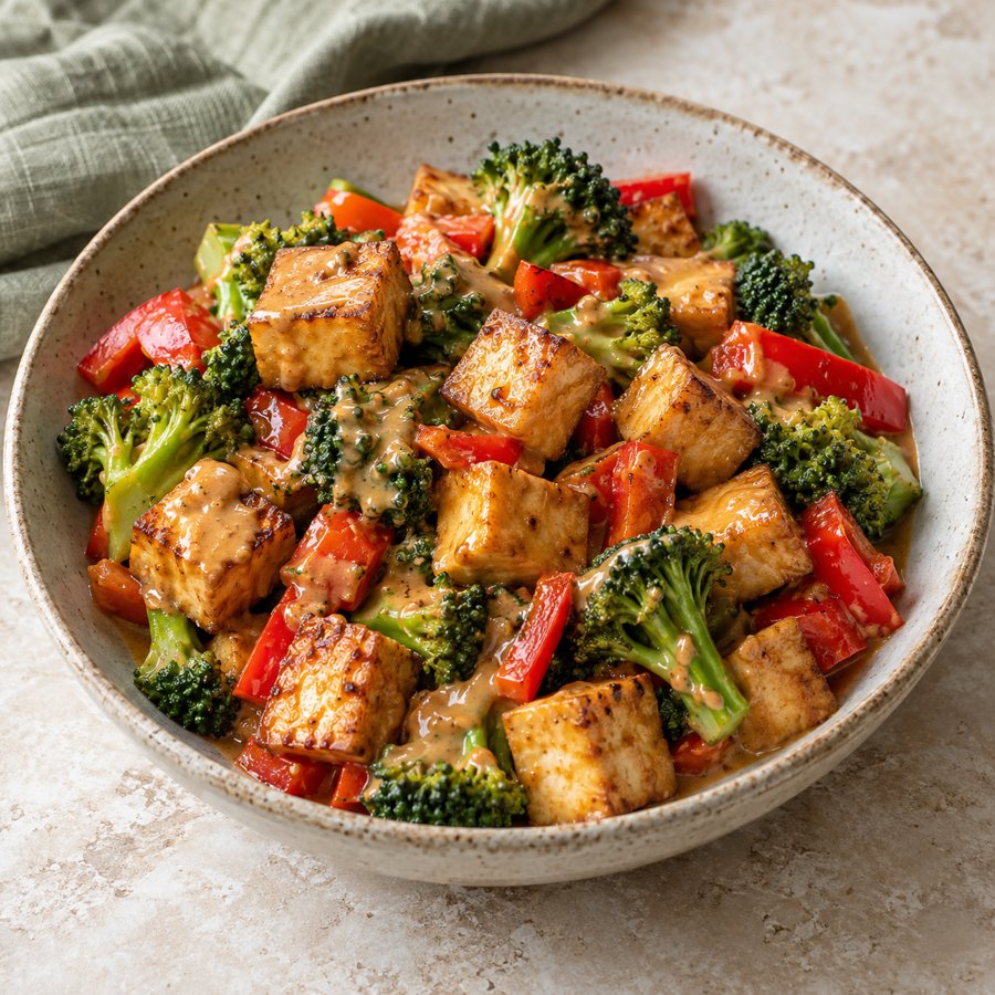 Tofu-Gemüse-Pfanne mit Erdnusssauce – KI Illustration