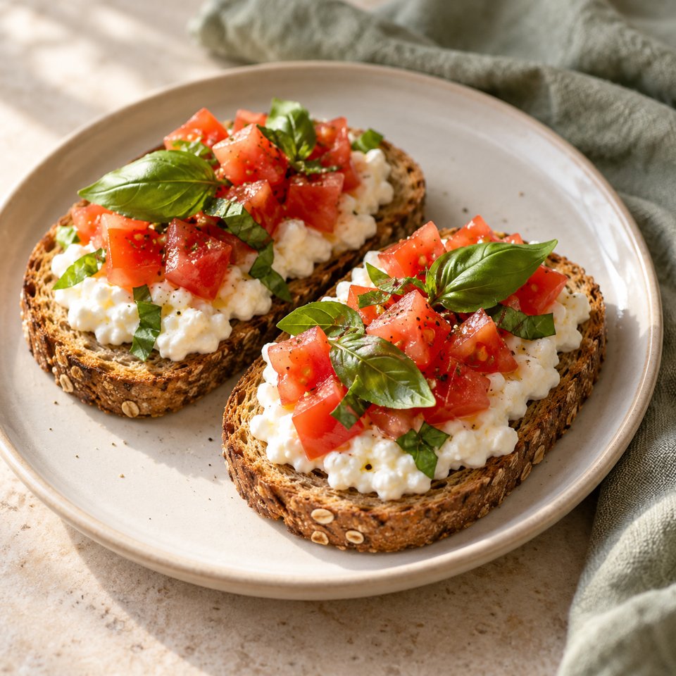 Tomaten-Hüttenkäse-Toast mit Basilikum – KI Illustration