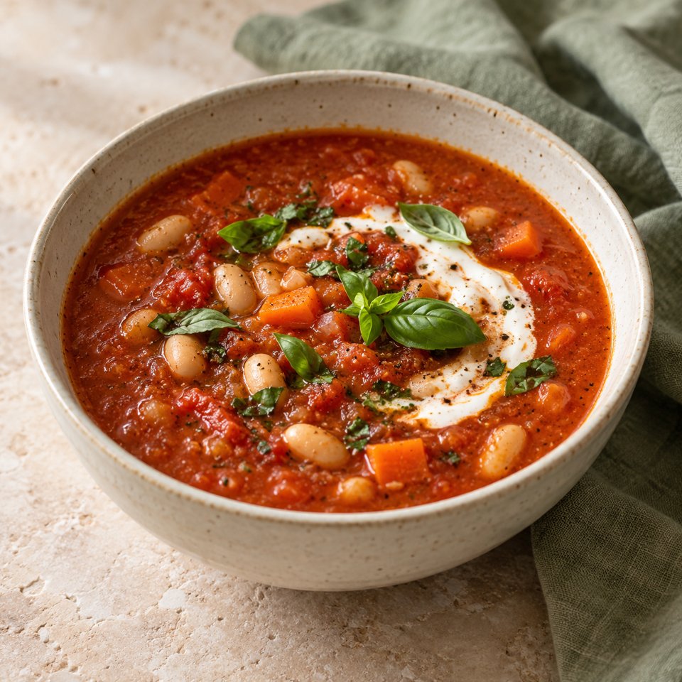 Cremige Tomaten-Bohnen-Suppe – KI Illustration