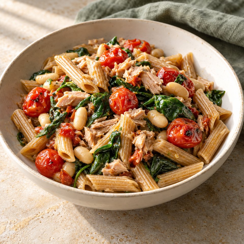 Thunfisch-Bohnen-Pasta mit Tomaten – KI Illustration